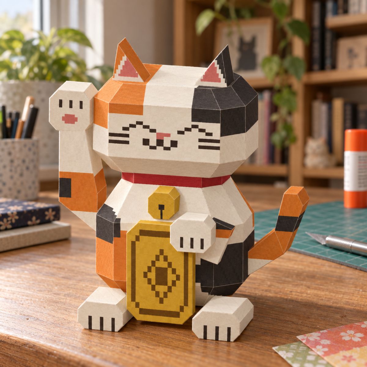 Calico maneki-neko papercraft model, assembled