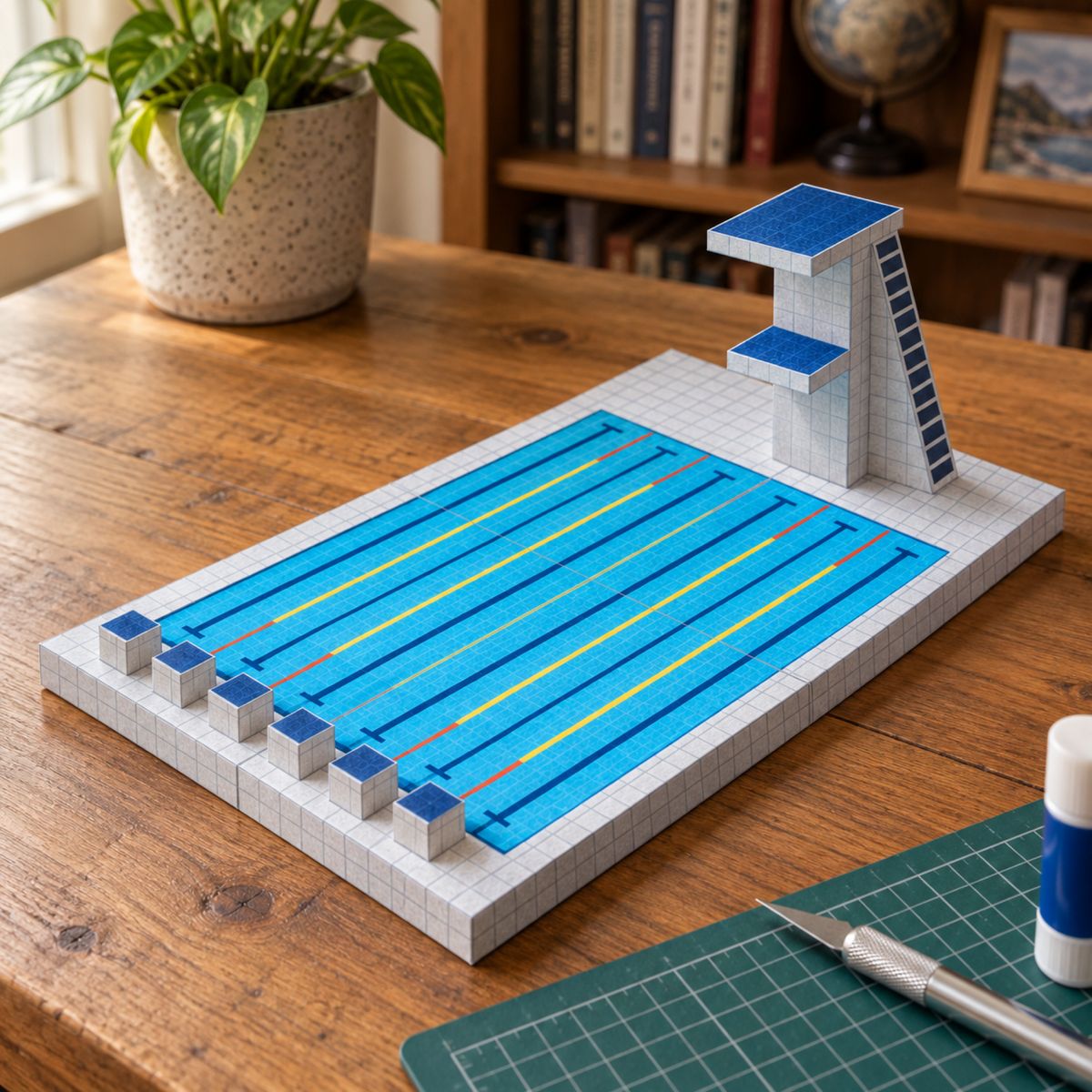 Competition pool with diving platform papercraft model, assembled