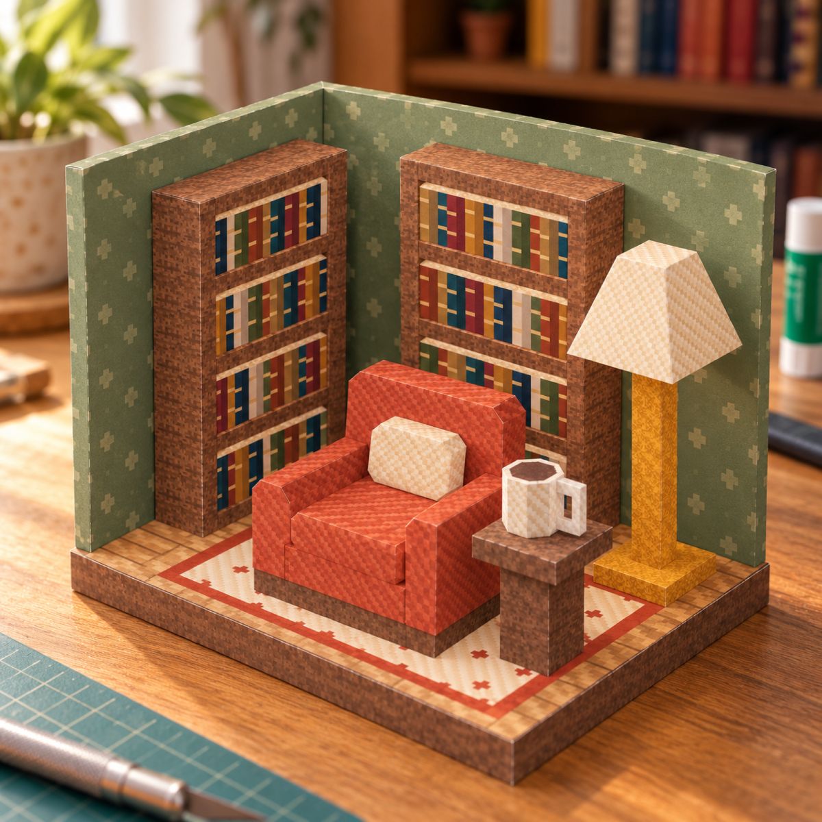 Cozy Reading Nook papercraft model, assembled