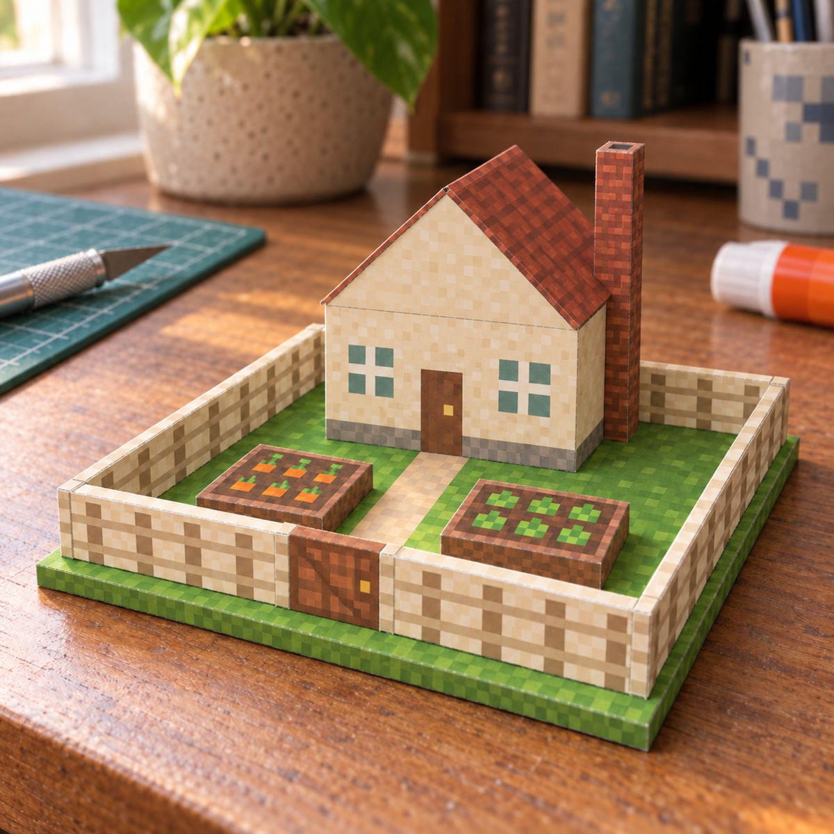 Farmhouse with Fenced Garden papercraft model, assembled