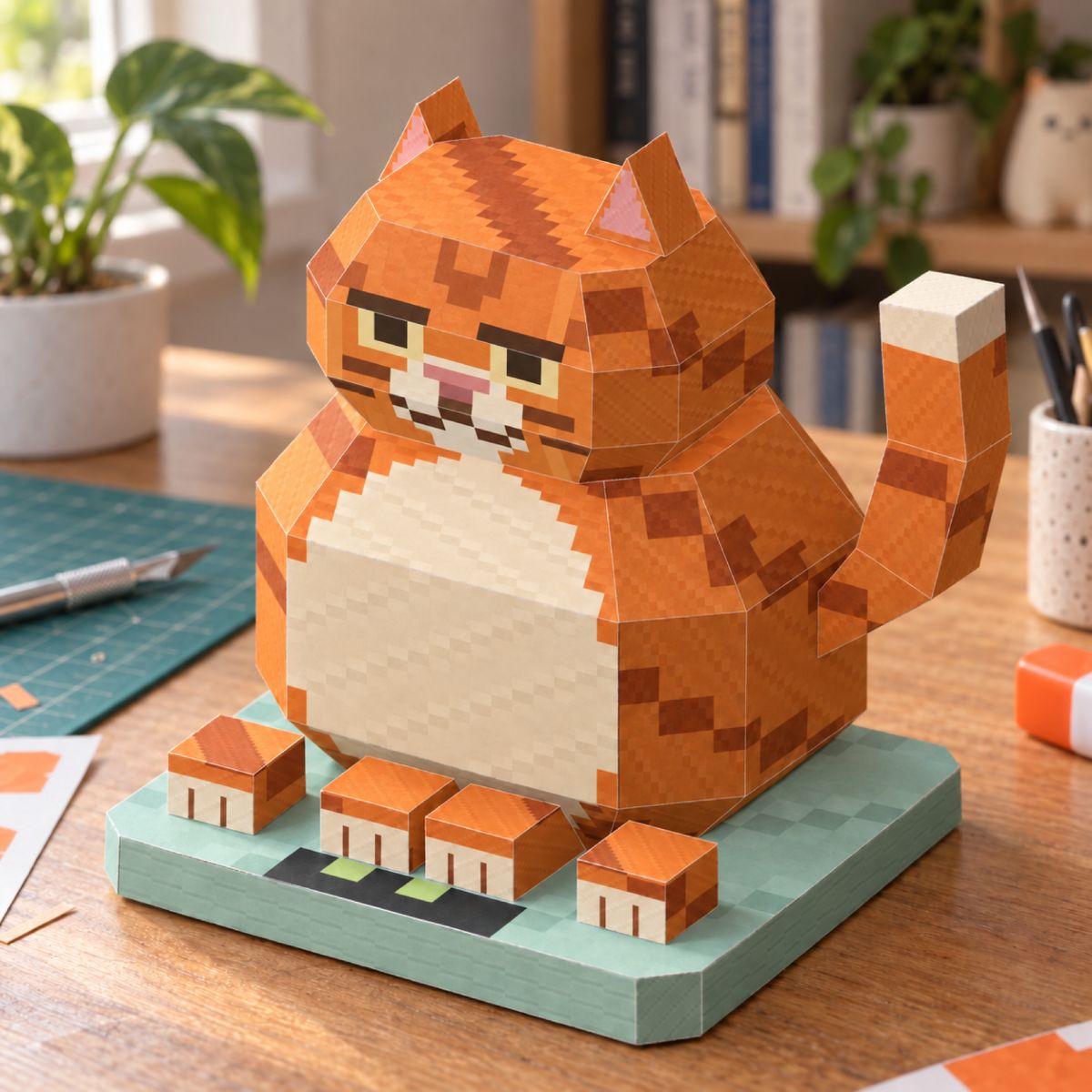 Fat orange cat on a scale papercraft model, assembled