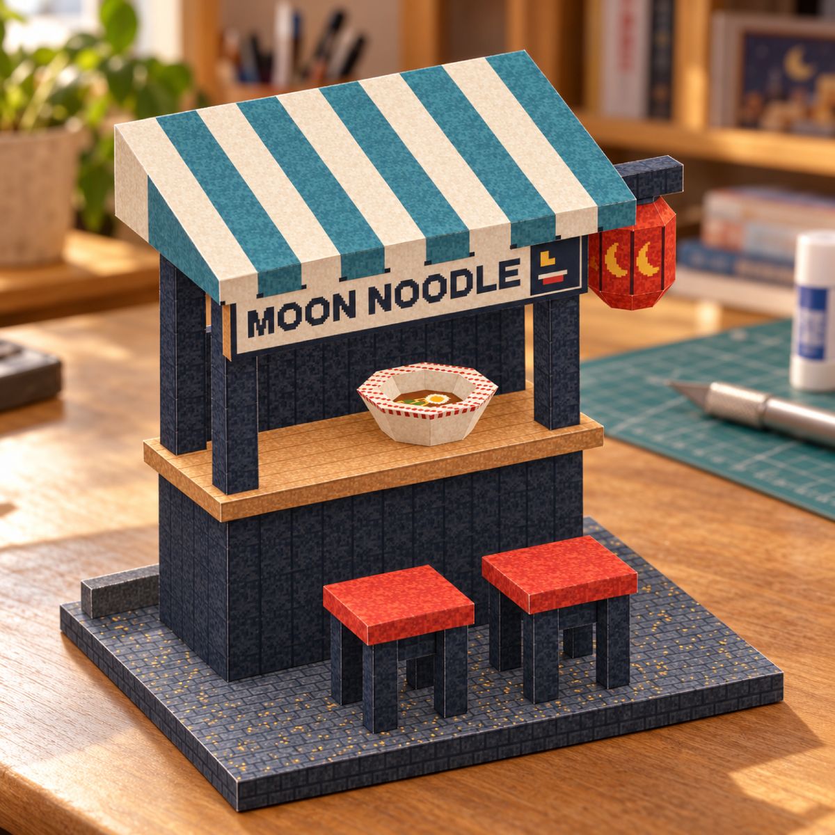 Nighttime Ramen Stall papercraft model, assembled
