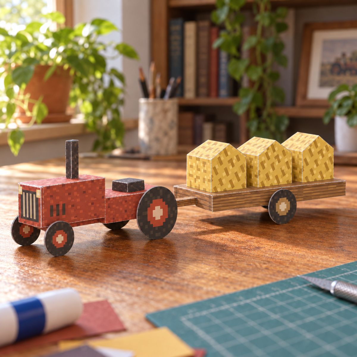 Old Tractor & Hay Cart papercraft model, assembled