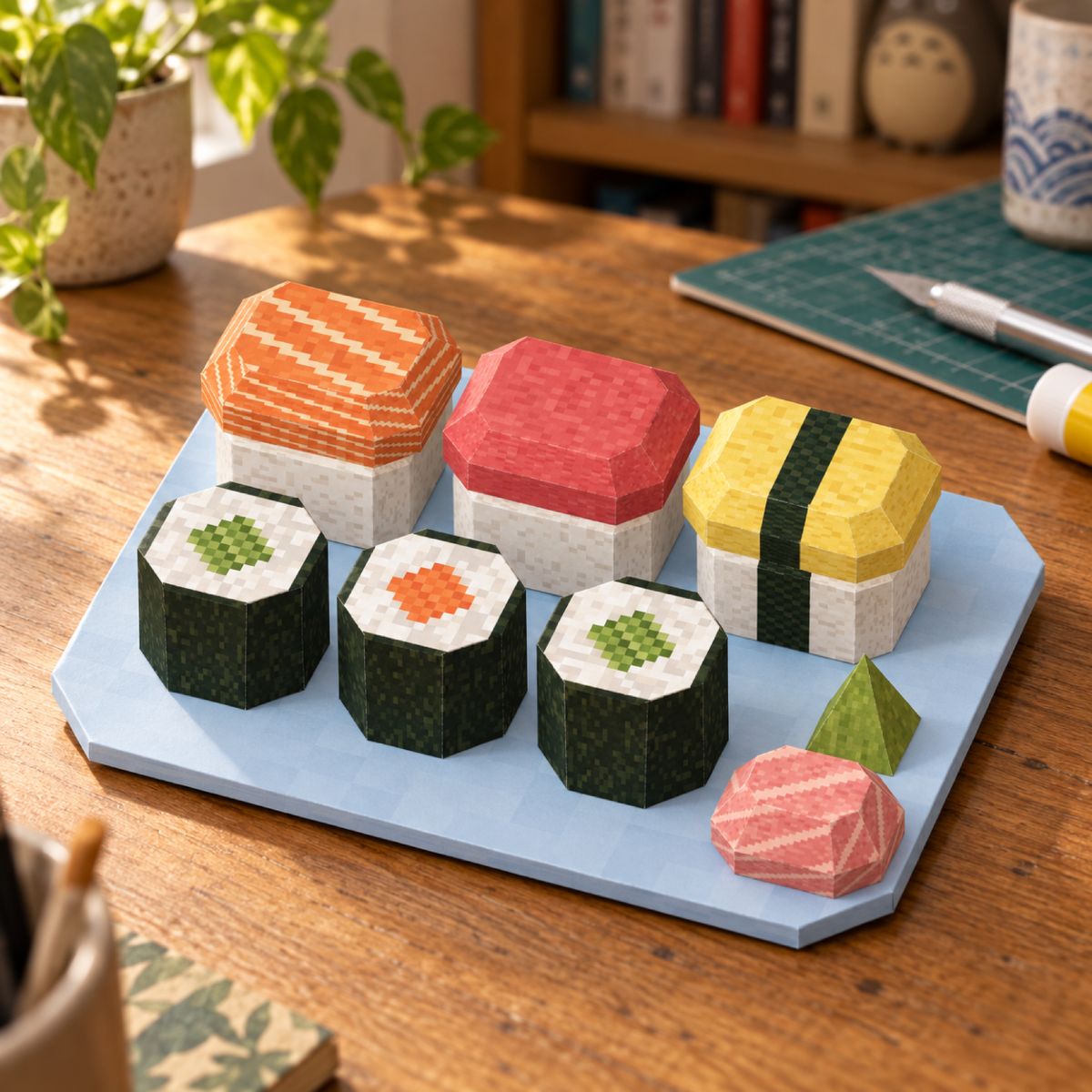 Sushi and Nigiri papercraft model, assembled