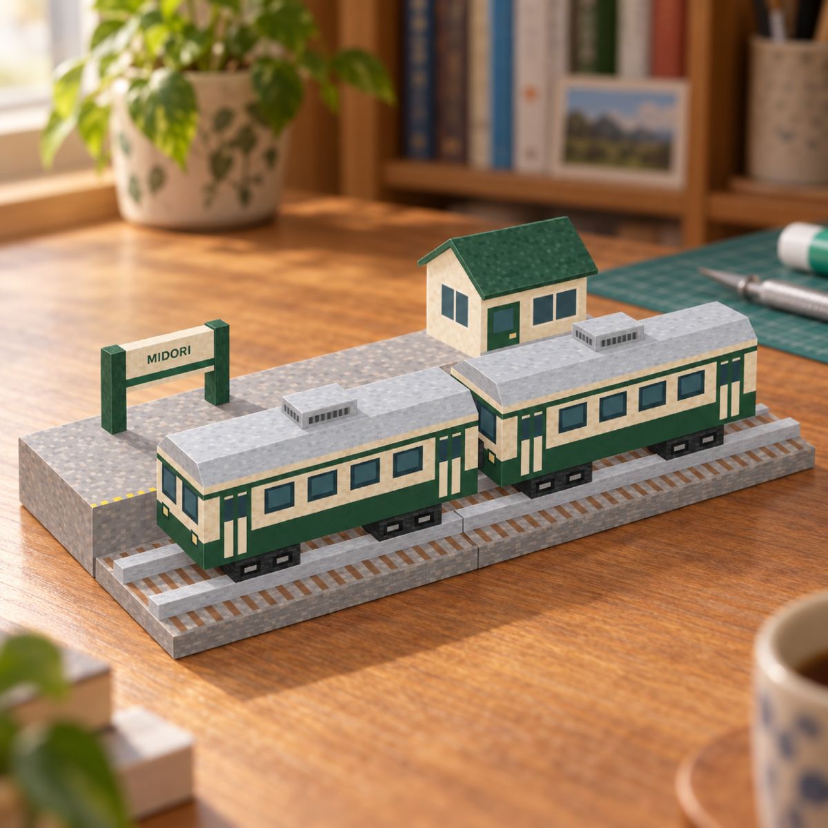 Two-car Japanese local train + tiny station papercraft model, assembled
