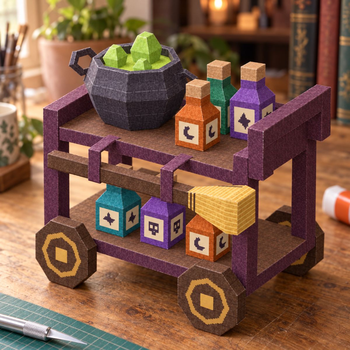 Witch’s potion cart papercraft model, assembled